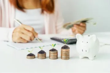 Eine Person zählt Geld, während vor ihr ein Sparschwein und gestapelte Münzen mit kleinen Pflanzen stehen.