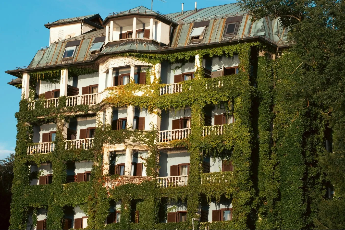 Ein mehrstöckiges Gebäude, dessen Fassade vollständig mit grünen Pflanzen bewachsen ist.