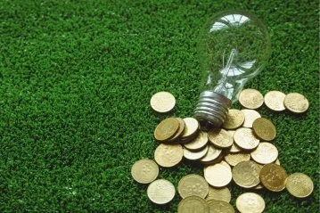Eine Glühbirne liegt auf einem Rasen, umgeben von Münzen.
