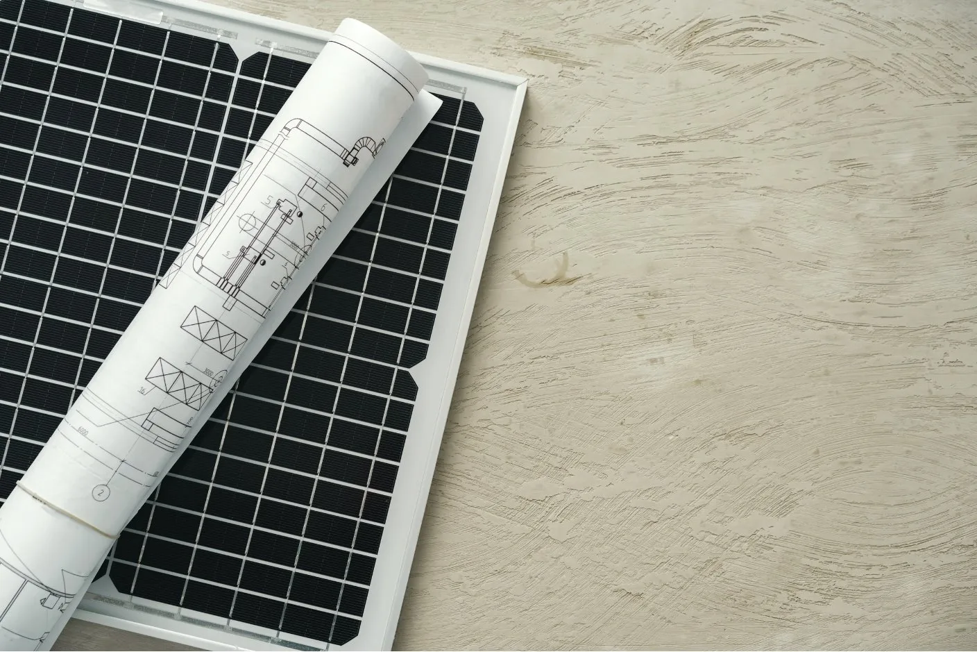 Ein gerollter Bauplan liegt auf einem Solarpanel auf einem Holztisch.